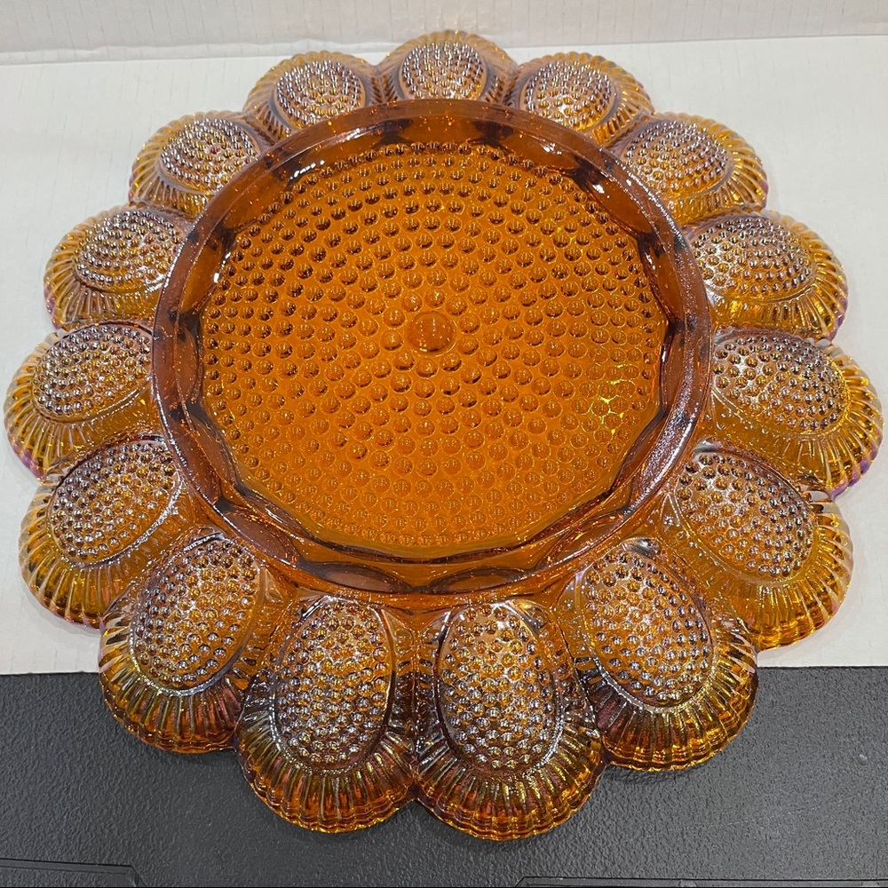 Hobnail Amber Carnival by Indiana Glass 11" Deviled Egg 15 Egg Serving Platter - Picture 6 of 7